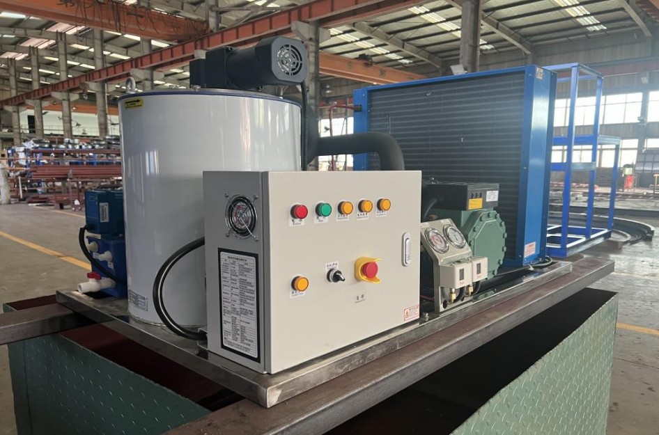 Máquina de hielo en escamas de 1 tonelada con compresor Bitzer y sala de almacenamiento de hielo de 1000 kg – Kenia